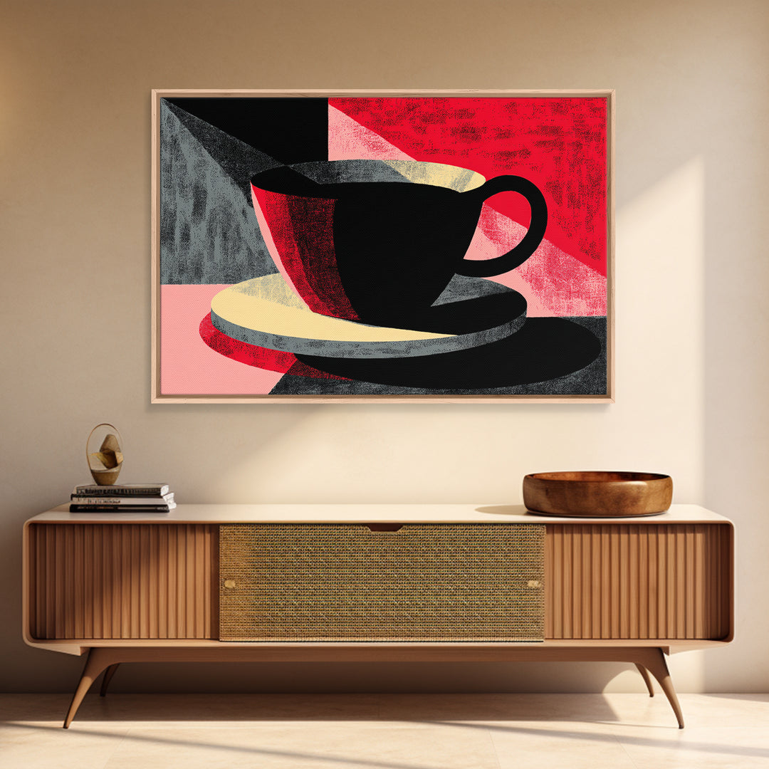 Black Coffee Cup On Pink Red Abstract, Wall Art, Modern Kitchen Poster, Retro Cafe Print, Bold Geometric Home Decor Gift