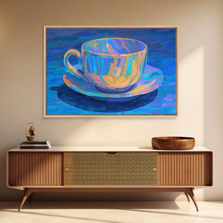 Iridescent Blue Teacup Still Life, Canvas Print, Colorful Modern Art Print, Painterly Cafe Decor, Vibrant Kitchen Wall Art