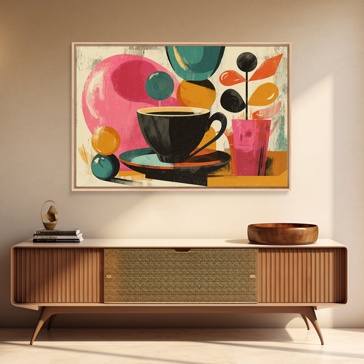 Black Coffee Cup With Pink Circles, Midcentury Modern Wall Art, Retro Cafe Poster, Abstract Botanical Shapes Home Decor Print