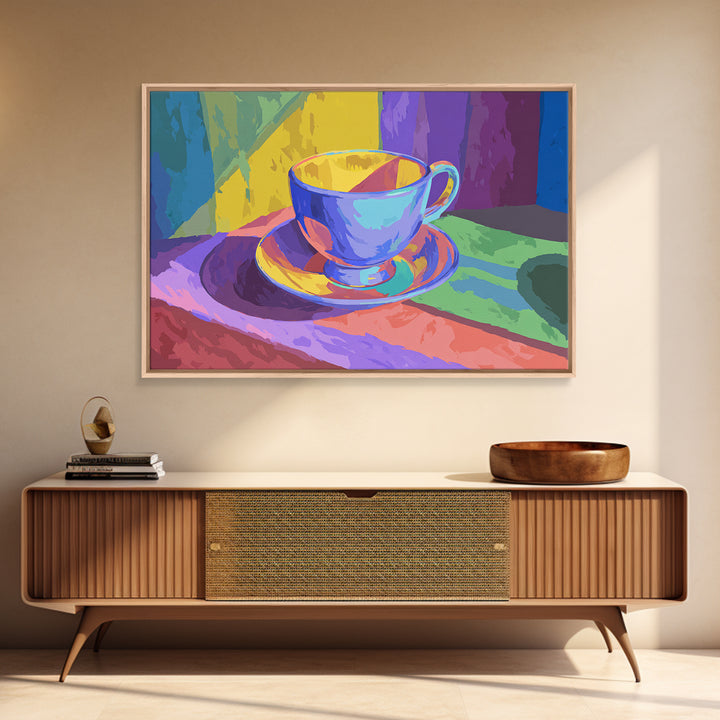 Rainbow Blue Teacup Still Life, Framed Canvas Print, Colorful Modern Wall Art, Retro Kitchen Poster, Bright Home Decor Gift