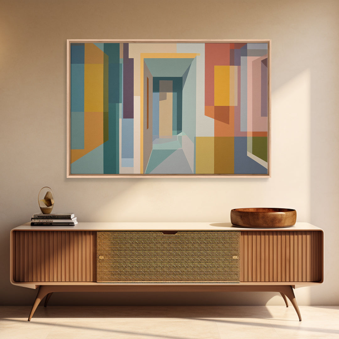 Pastel Abstract Hallway Canvas Print, Midcentury Modern, Geometric Poster, Modern Wall Decor, Minimalist Decor, Home Office Art