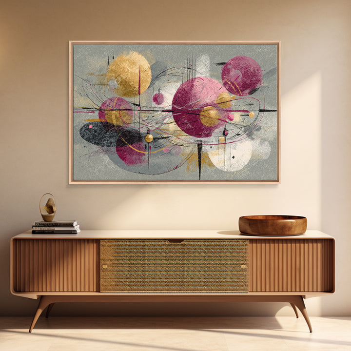 Magenta Gold Atomic Orbits Abstract Wall Art, Midcentury Modern Art Print, Retro Geometric Decor, Bold MCM Wall Decor Prints