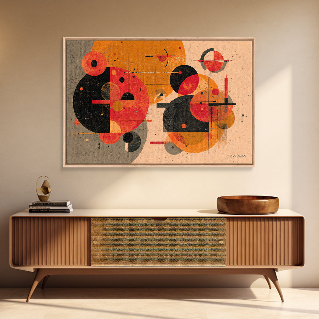 Orange Black Geometric Circles Canvas Print, Midcentury Modern Art, Atomic Retro Poster, Abstract Wall Decor For Living Room
