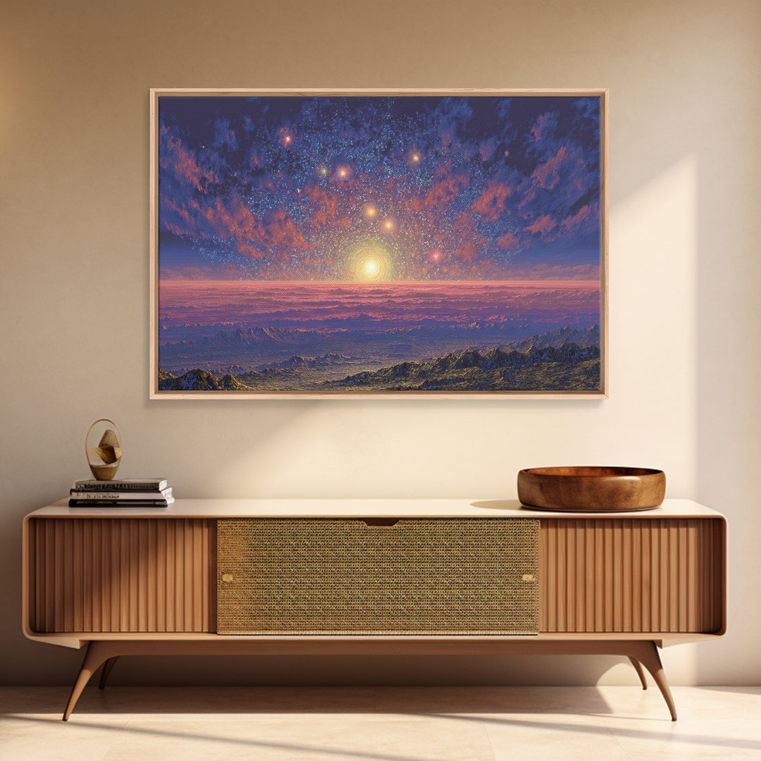 Starry Mountain Sunrise Canvas Print, Scenic Space Abstract Art, Blue Pink Landscape Wall Decor, Modern Home Art Poster Gift