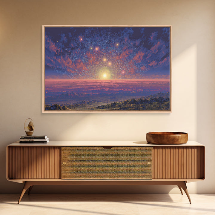 Starry Mountain Sunrise Canvas Print, Scenic Space Abstract Art, Blue Pink Landscape Wall Decor, Modern Home Art Poster Gift