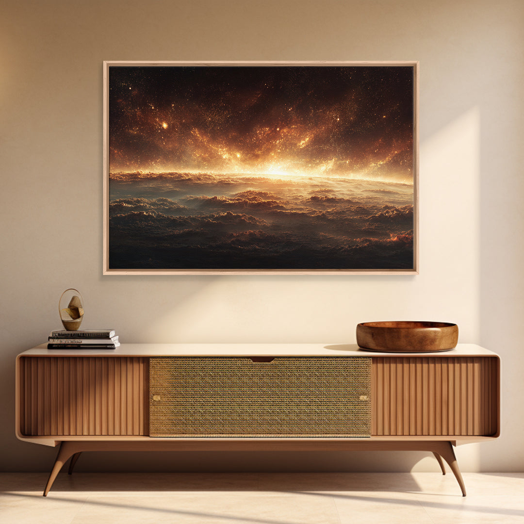 Golden Cosmic Horizon Framed Canvas Print, Space Abstract Art, Starry Cloudscape Wall Decor, Modern Wall Art For Bedroom
