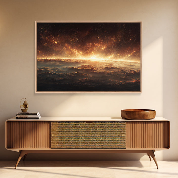 Golden Cosmic Horizon Framed Canvas Print, Space Abstract Art, Starry Cloudscape Wall Decor, Modern Wall Art For Bedroom