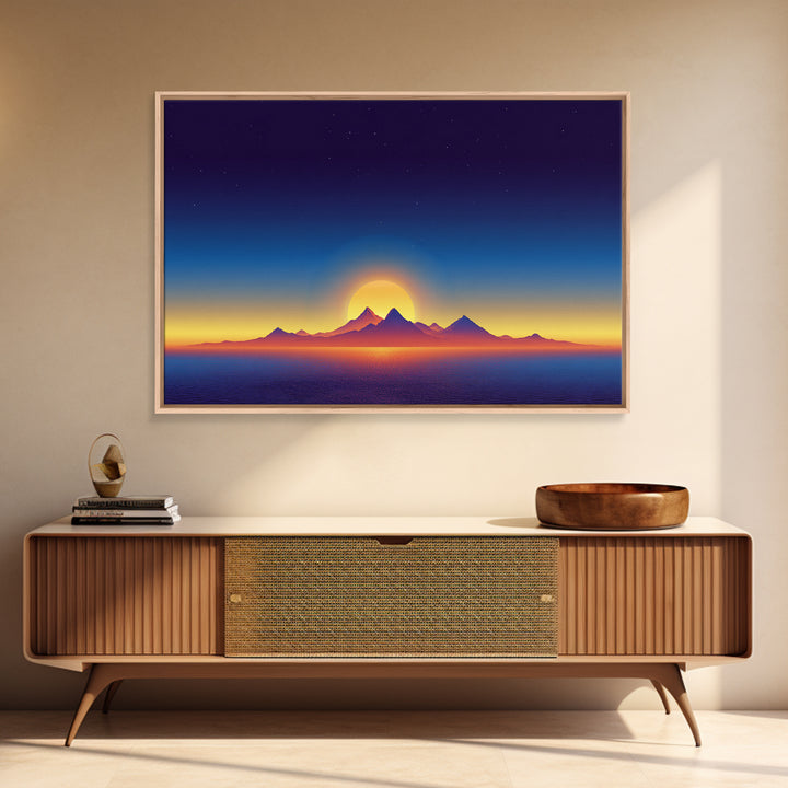 Minimal Island Sunrise Canvas Print, Retro Sunset Poster, Blue Yellow Ocean Landscape Wall Decor, Modern Home Art Gift Print