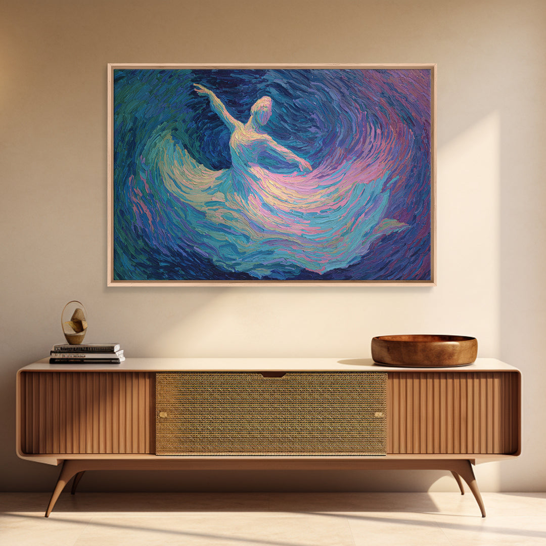Swirling Ballerina Dancer Framed Canvas Print, Blue Purple Impressionist Wall Art, Romantic Fine Art For Bedroom Decor Gift