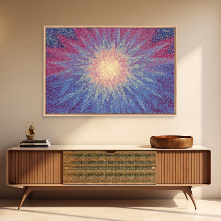 Pink And Blue Radiant Starburst Wall Art, Midcentury Modern Abstract Sun Print, Psychedelic Pointillism Decor Poster For Bedroom