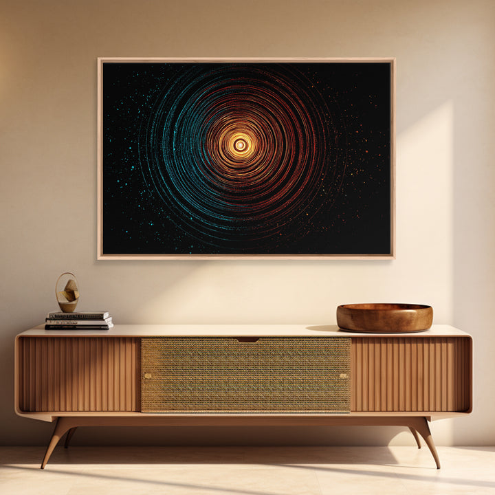 Glowing Orange Teal Concentric Rings Wall Art, Modern Abstract Art Print, Cosmic Retro Geometric Decor For Bedroom Office