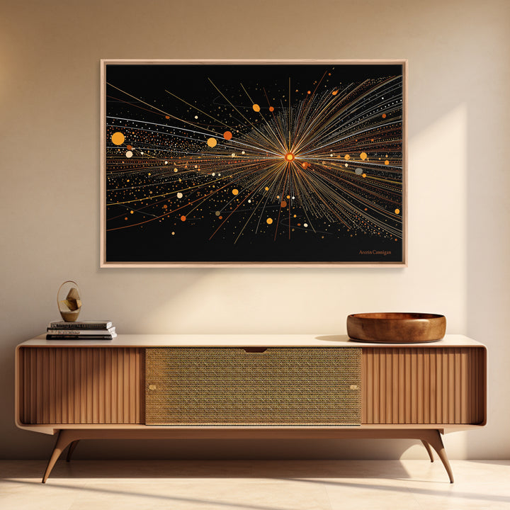 Golden Starburst Lines And Dots Canvas Print, Modern Abstract Art, Atomic Retro Wall Art Decor For Living Room Home Office
