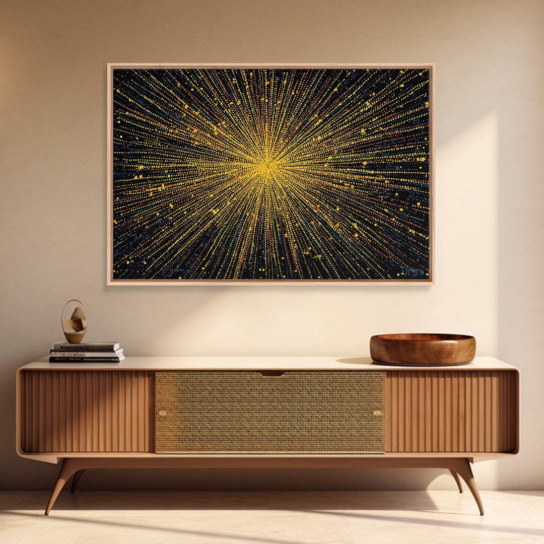 Radiant Yellow Dotted Starburst Canvas Print, Modern Abstract Art, Cosmic Retro Wall Art, Bold Geometric Decor For Home Office