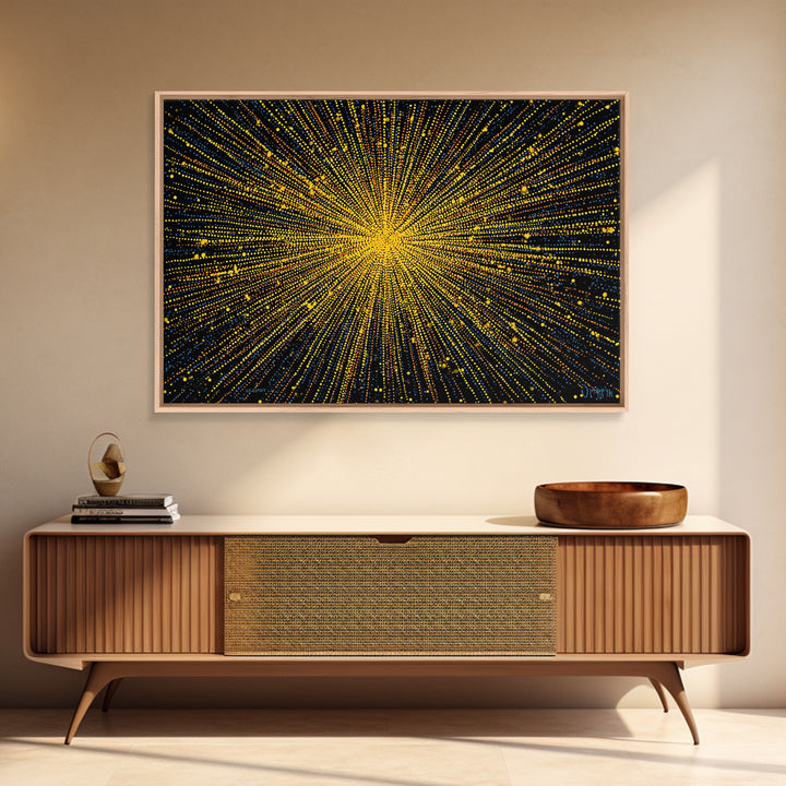 Radiant Yellow Dotted Starburst Canvas Print, Modern Abstract Art, Cosmic Retro Wall Art, Bold Geometric Decor For Home Office