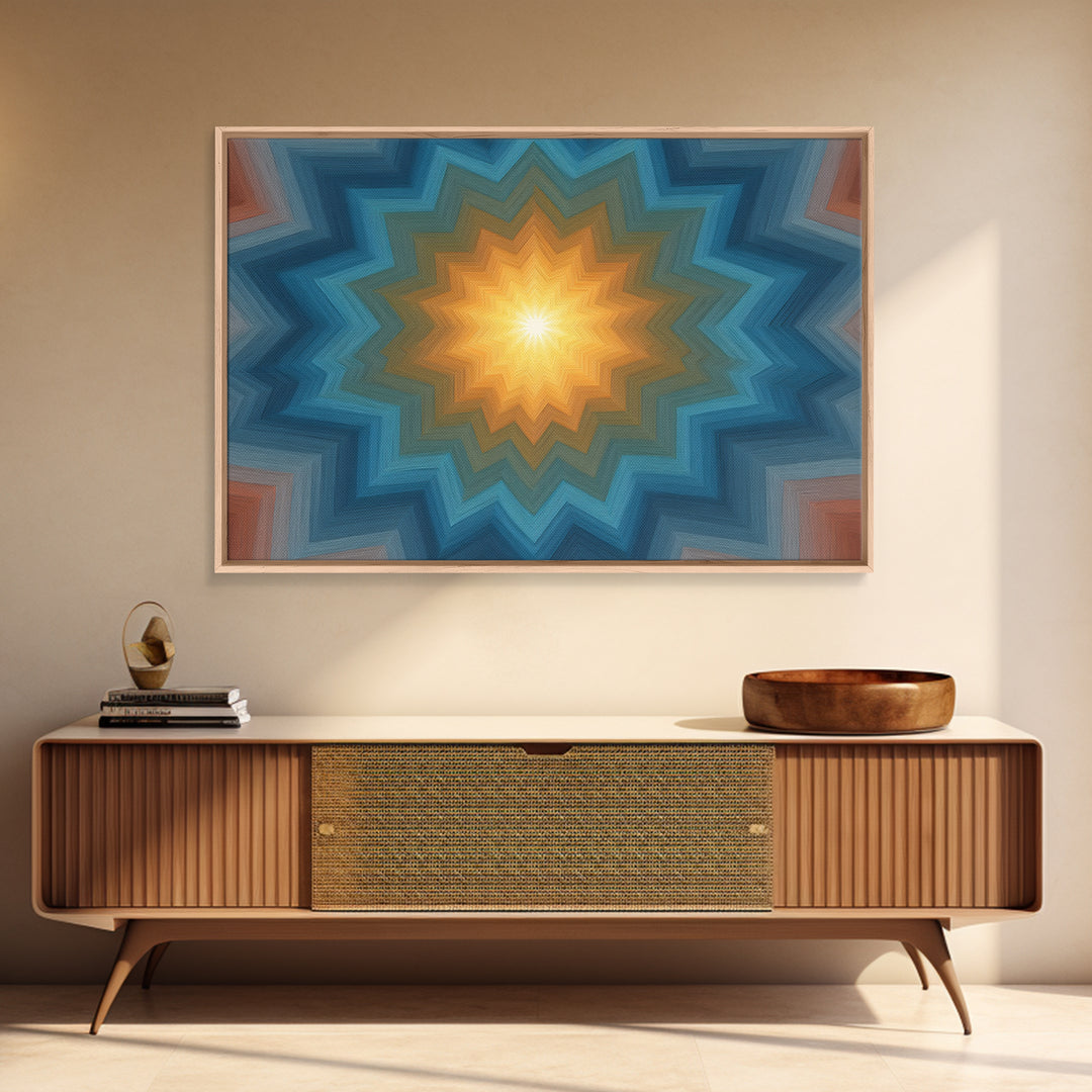 Teal And Orange Geometric Mandala Starburst Canvas Print, Midcentury Modern Wall Art, Atomic MCM Home Decor For Living Room