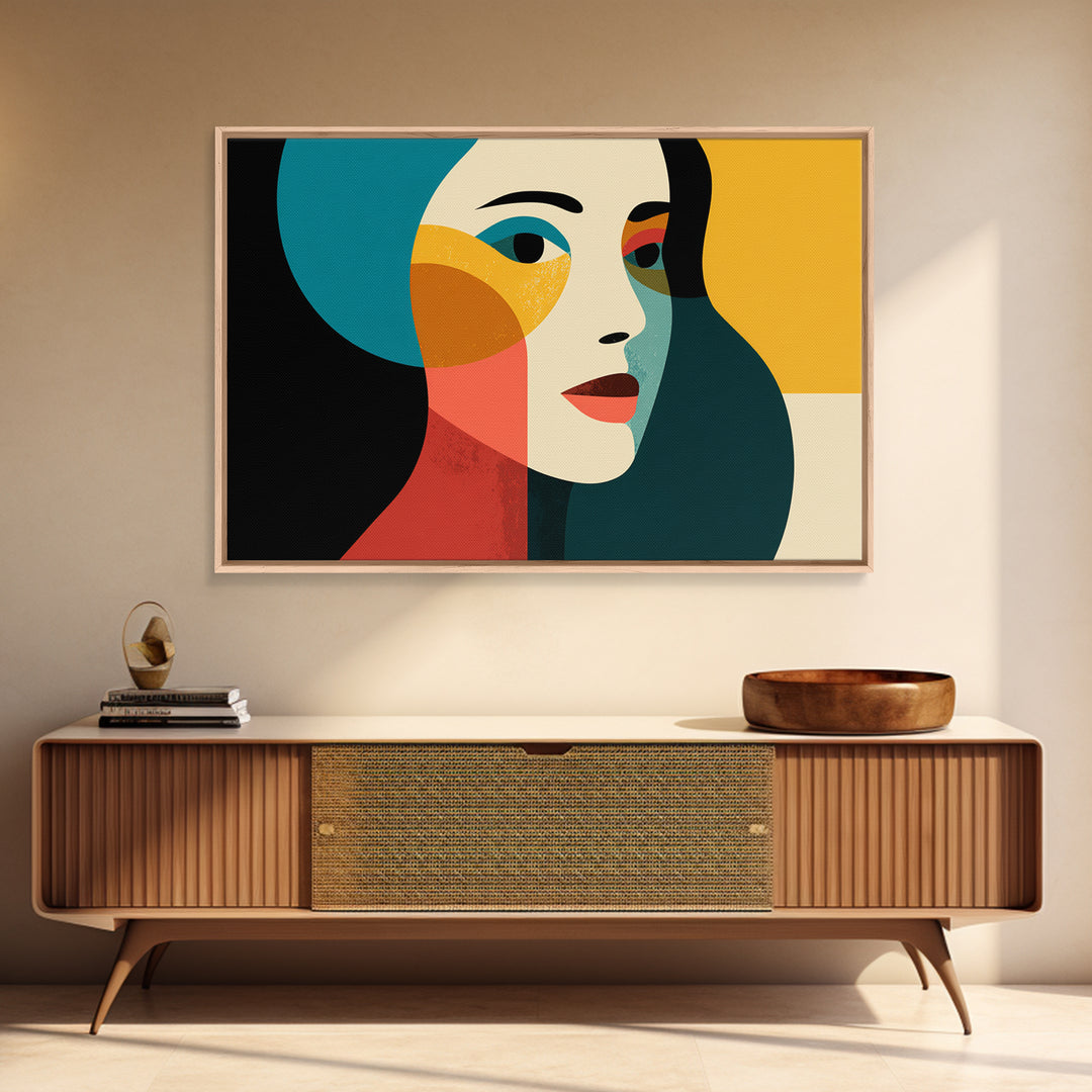 Geometric Minimal Woman Portrait Canvas Print, Midcentury Modern Wall Decor, Teal Orange Abstract Art, Retro MCM Home Decor