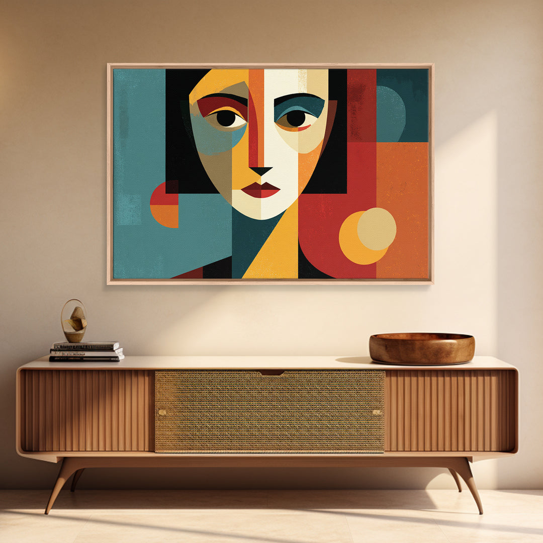 Cubist Geometric Woman Face Framed Canvas Print, Midcentury Modern Art, Bauhaus Poster, Color Block Living Room Wall Decor
