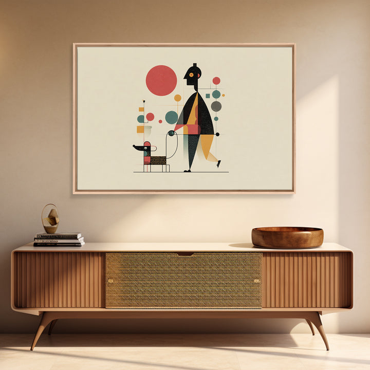 Whimsical Abstract Figure With Dog Canvas Print, Midcentury Modern Wall Art, Atomic Circles, Retro MCM Nursery Office Decor