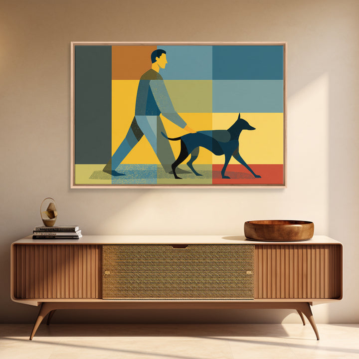 Man Walking Dog Color Block Wall Art, Midcentury Modern Print, Retro Geometric Poster, Blue Yellow Living Room Home Decor