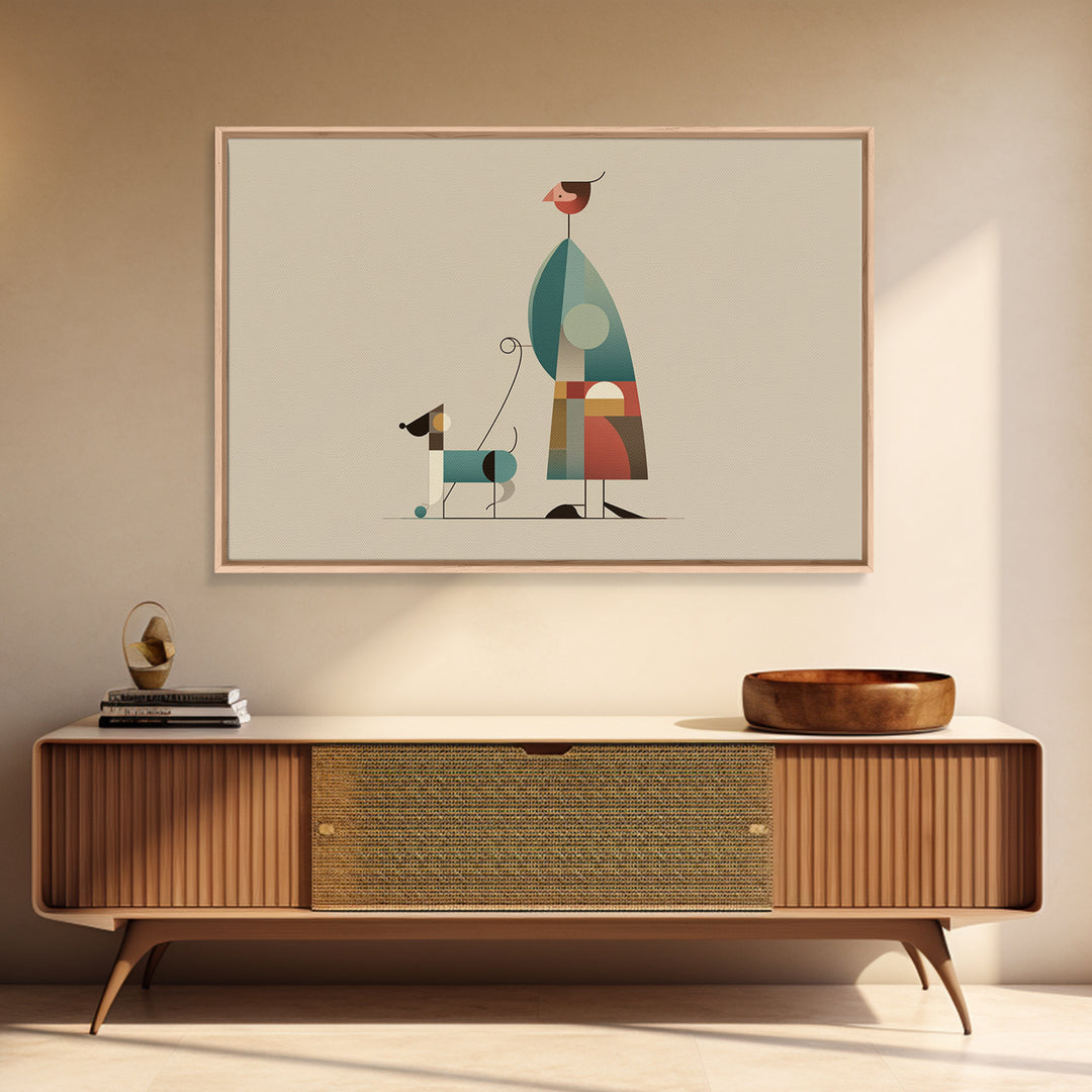Minimalist Woman Walking Dog Canvas Print, Midcentury Modern Art, Scandinavian Retro Decor, Neutral Beige Gallery Wall Art