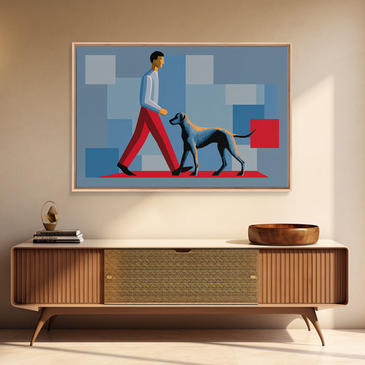 Stylish Man Walking Grey Dog Wall Art, Midcentury Modern Canvas Print, Blue Red Geometric Decor, Masculine Office Artwork