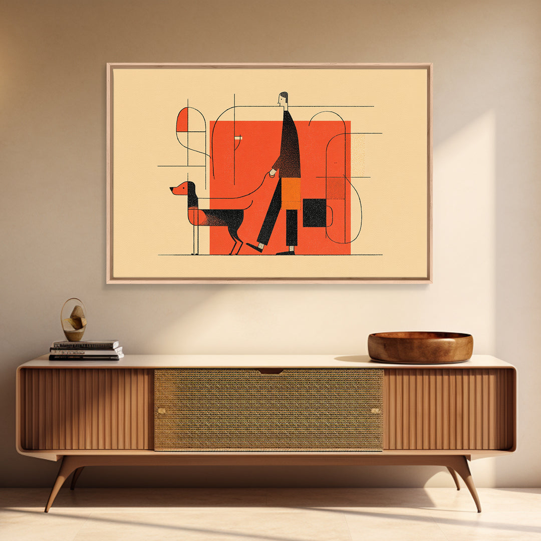 Linear Orange Dog Walker Wall Art, Midcentury Modern Abstract Print, Minimalist Geometric Poster, Retro Entryway Home Decor Gift