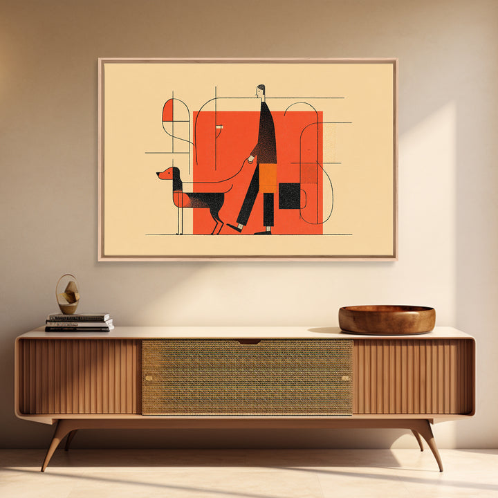 Linear Orange Dog Walker Wall Art, Midcentury Modern Abstract Print, Minimalist Geometric Poster, Retro Entryway Home Decor Gift
