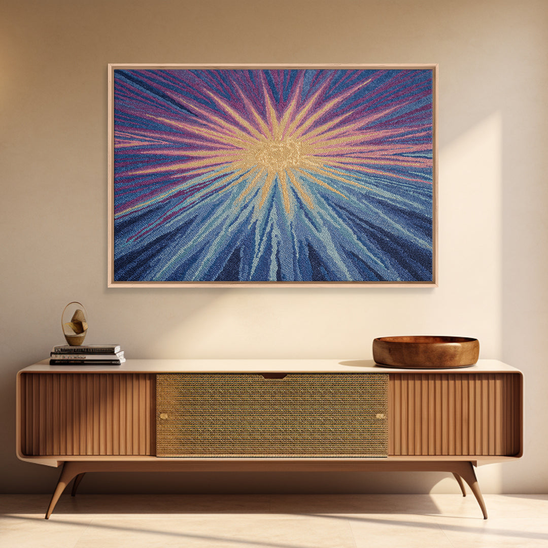 Blue Purple And Gold Radiant Sunburst Framed Canvas Print, Midcentury Modern Abstract Art, Textured Statement Wall Decor