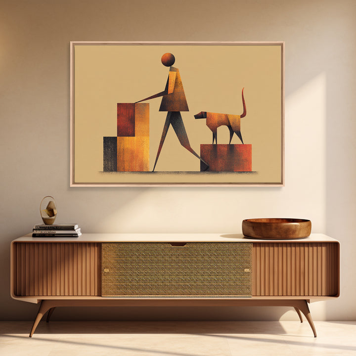 Stylized Figure With Dog On Steps Canvas Print, Midcentury Modern Wall Art, Warm Orange Brown Geometric Home Office Decor