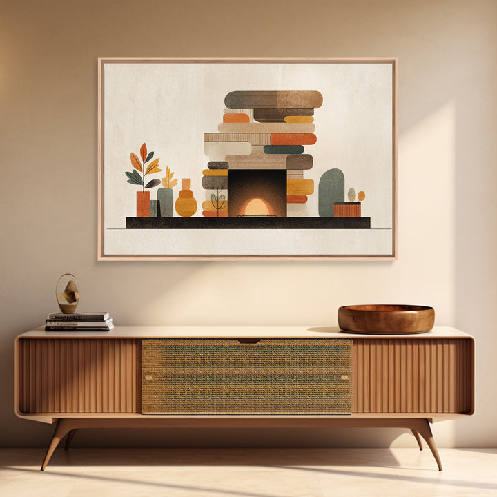 Cozy Midcentury Fireplace Wall Art, Warm Geometric Hearth Canvas Print, Retro MCM Home Decor For Living Room And Office Decor