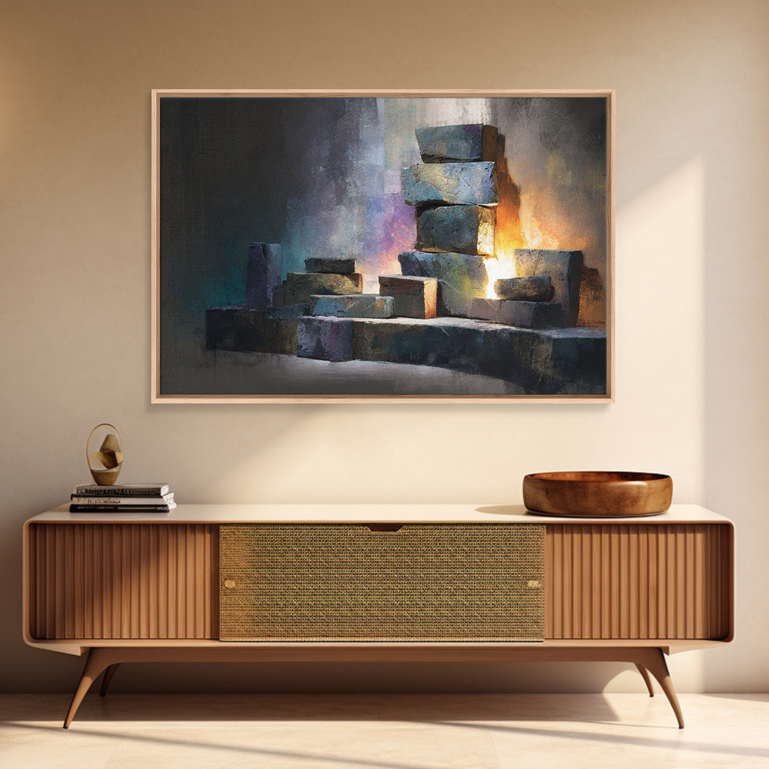 Stacked Stone Blocks Wall Art, Glowing Abstract Sculpture Canvas Print, Modern Contemporary Decor For Living Room Office