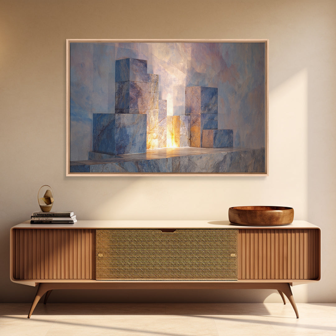 Pastel Marble Block City Wall Art, Luminous Geometric Framed Canvas Print, Modern Abstract Decor For Living Room Office Gallery