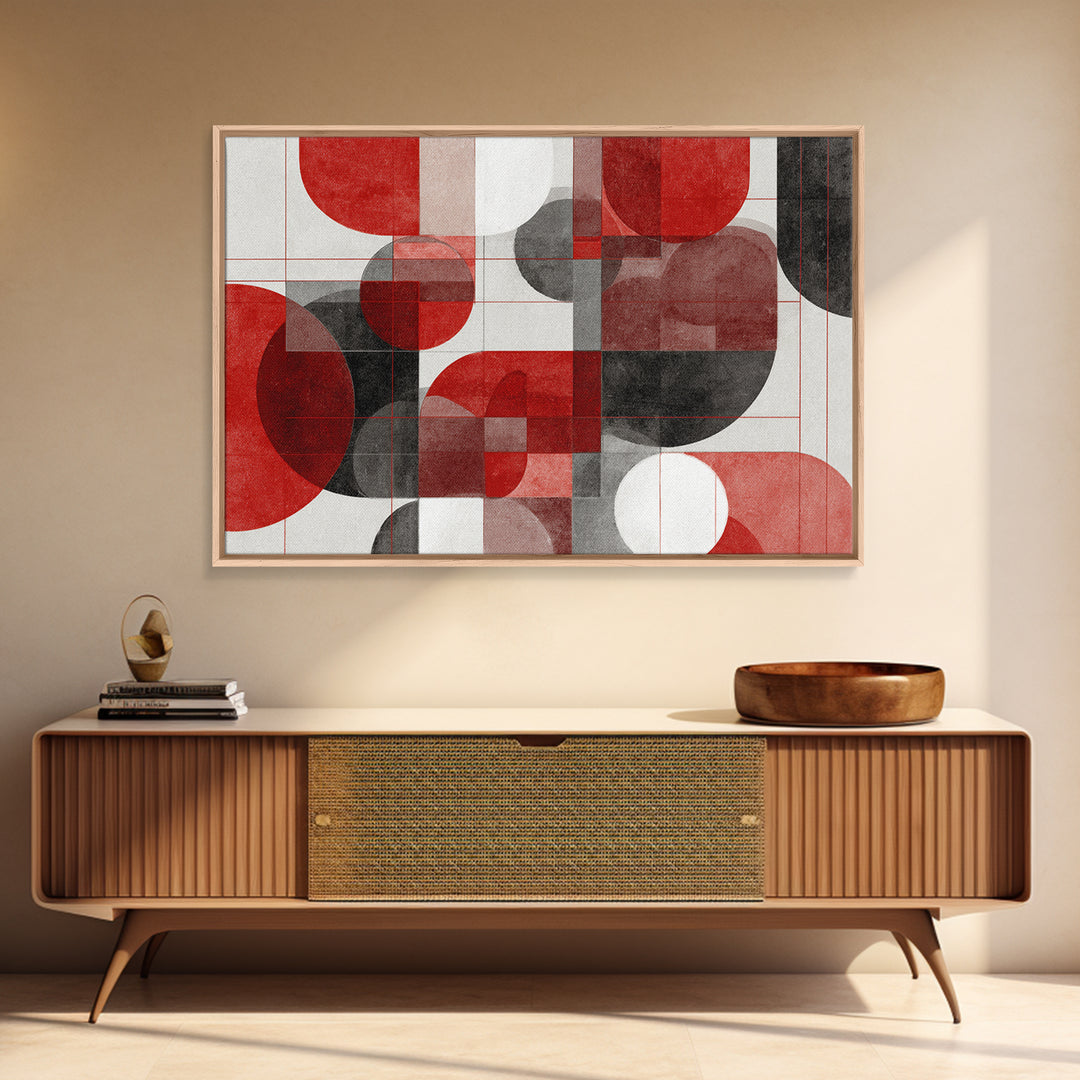 Red Black Geometric Circles Wall Art, Bauhaus Inspired Abstract Canvas Print, Modern MCM Decor For Living Room Office Gallery
