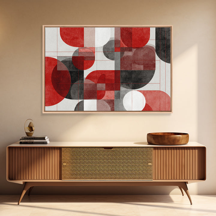 Red Black Geometric Circles Wall Art, Bauhaus Inspired Abstract Canvas Print, Modern MCM Decor For Living Room Office Gallery