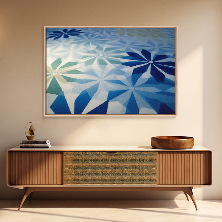 Blue Geometric Floral Pattern Wall Art, Scandinavian Modern Abstract Print, Coastal Bedroom Decor, Minimalist Home Office Art