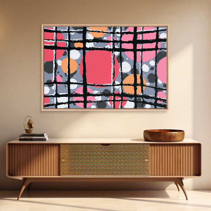 Pink Orange Wavy Grid Wall Art, Playful Abstract Circles Canvas Print, Retro Modern Geometric Decor For Dorm Office Or Studio