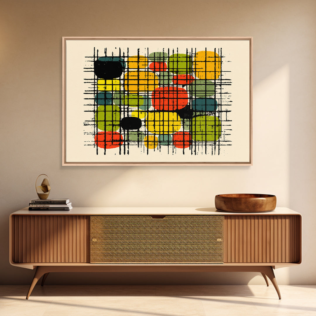 Colorful Grid Abstract Painting, Midcentury Modern Wall Art, Geometric Shapes Poster, Retro MCM Home Decor Canvas Print Gift