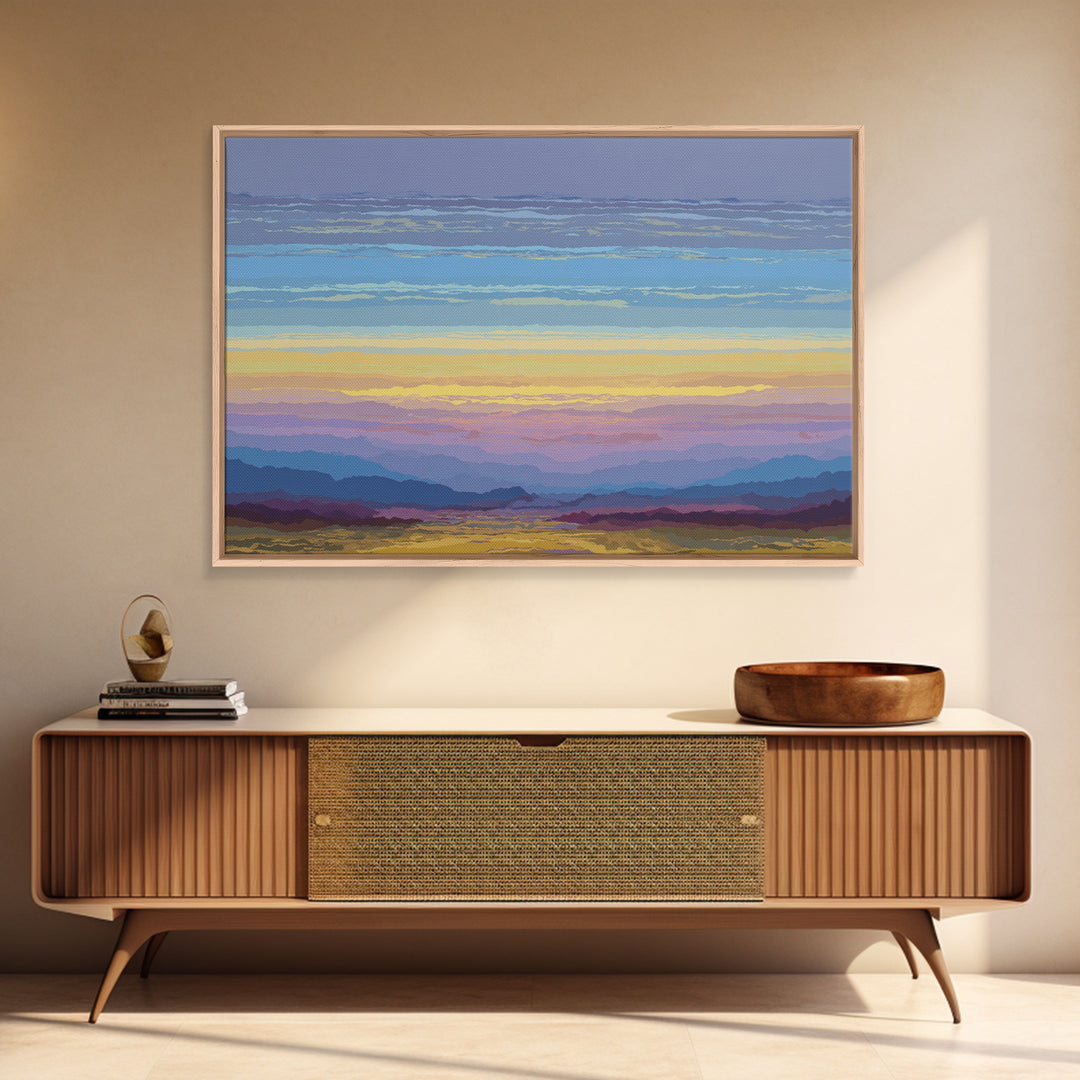Pastel Mountain Sunset Landscape, Modern Wall Art, Scenic Nature Art Print, Serene Living Room Decor Framed Canvas Print