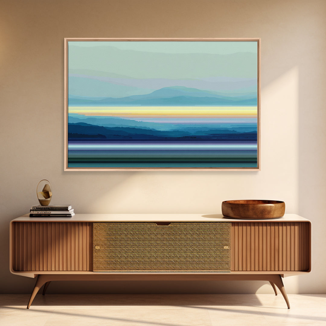 Misty Blue Mountain Lake Horizon, Modern Wall Art, Serene Landscape Art Print, Calm Bedroom Decor Framed Canvas Print Gift