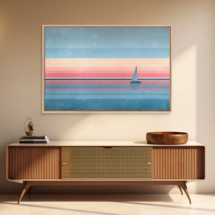 Pastel Sailboat Horizon Canvas Print, Coastal Wall Art, Minimalist Seascape, Retro Modern Decor For Beach House, Living Room Art