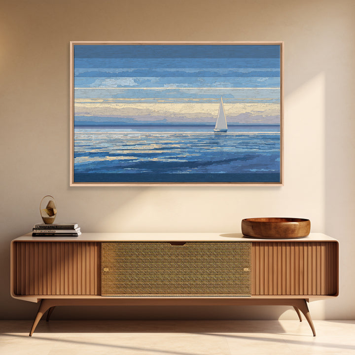 Blue Sailboat Seascape Framed Canvas Print, Coastal Wall Art, Ocean Landscape, Modern Home Decor For Living Room, Blue Wall Art
