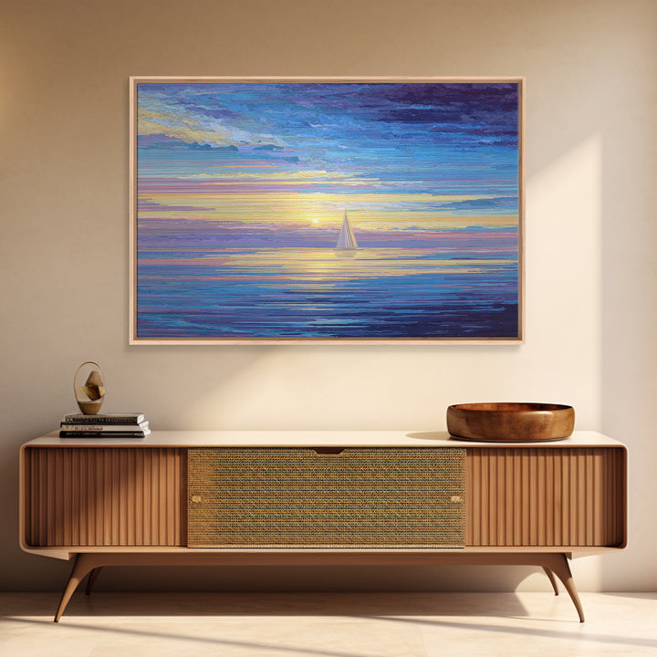 Sunset Sailboat Ocean Framed Canvas Print, Colorful Seascape Wall Art, Coastal Modern Decor, Blue Purple Living Room Art