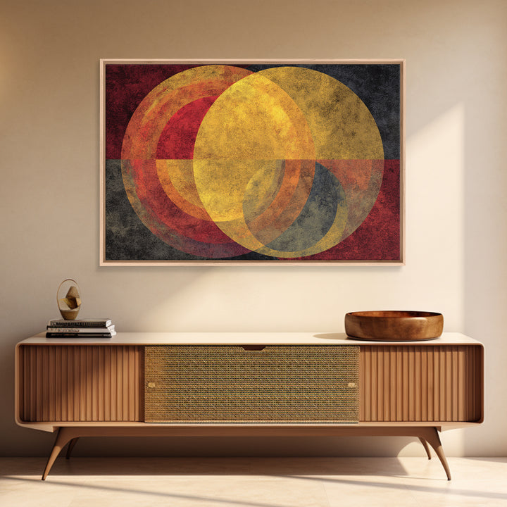 Red Gold Circle Abstract Wall Art, Midcentury Modern Canvas Print, Bauhaus Geometric Decor, Retro Home Office Statement Art