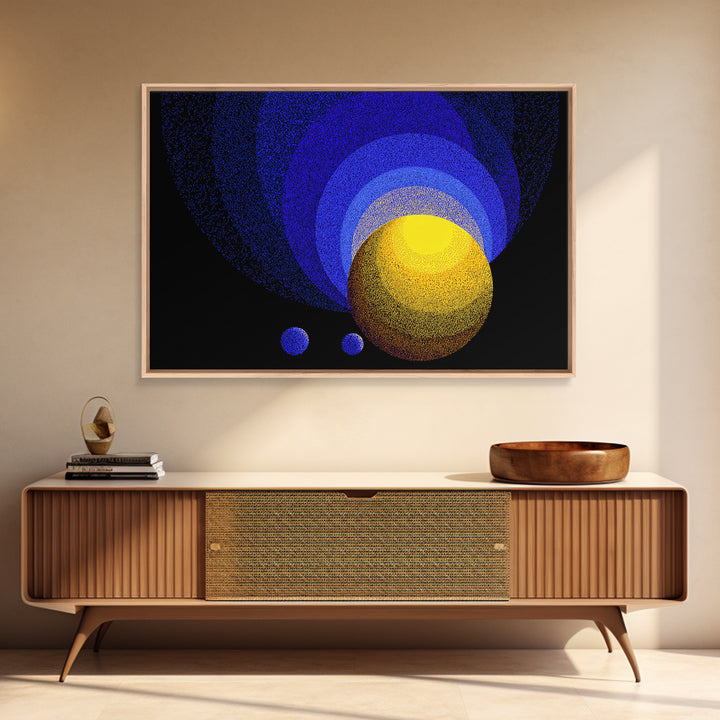 Blue Yellow Planet Spheres Wall Art, Cosmic Abstract Canvas Print, Modern Digital Art, Space Decor For Office Or Game Room