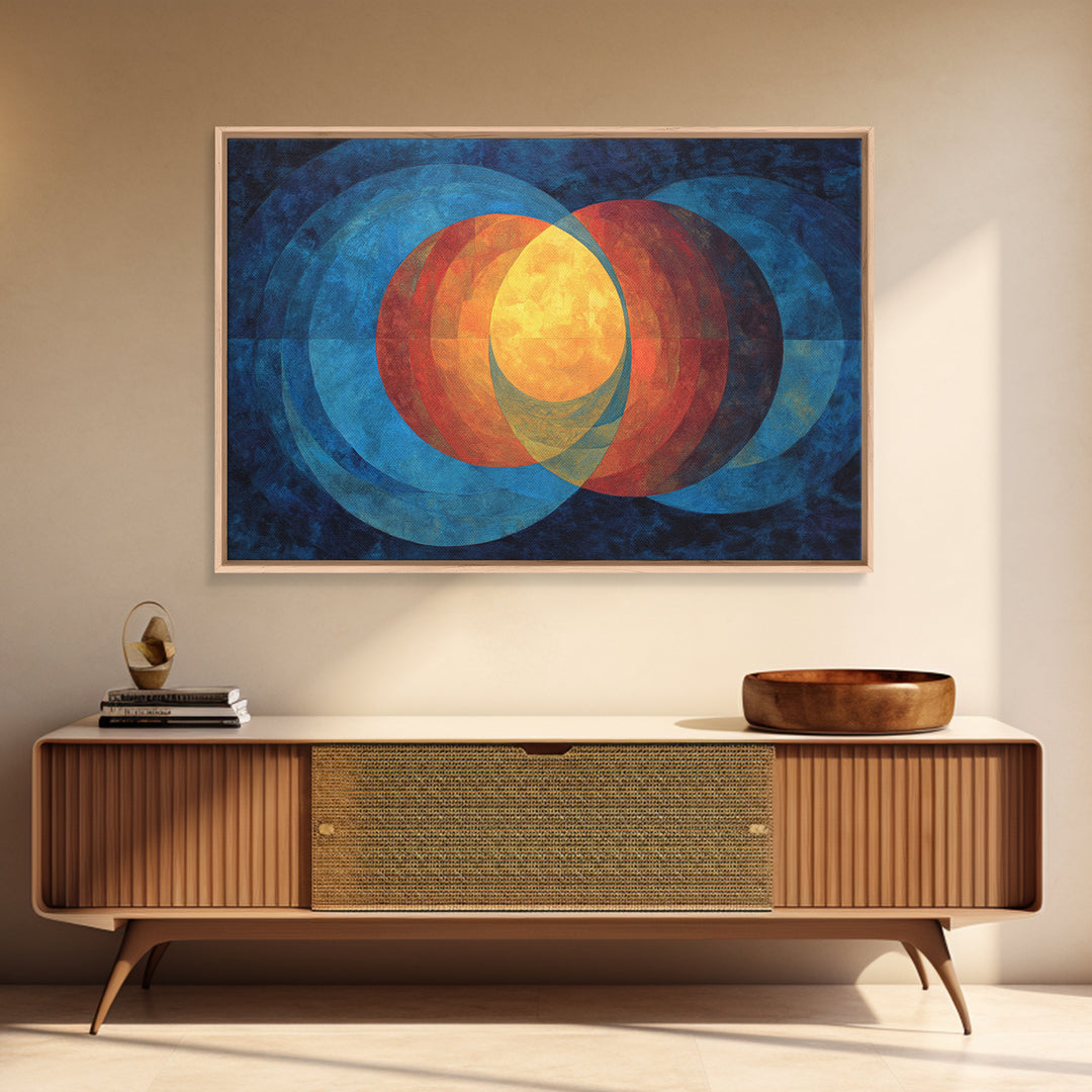 Blue Orange Overlapping Circles Wall Art, Midcentury Abstract Canvas Print, Modern Geometric Decor, Large Living Room Art