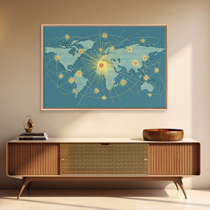 Retro World Map With Golden Network Lines Wall Art, Midcentury Modern Travel Poster, Atomic Office Decor For Global Home
