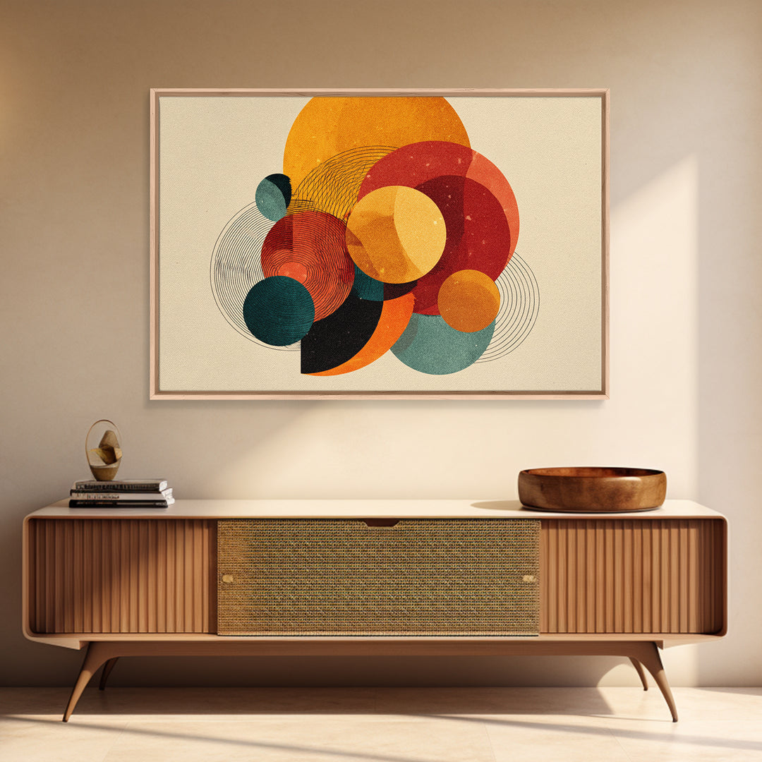 Orange Teal Circle Abstract Canvas Print, Midcentury Modern Wall Art, Bauhaus Geometric Poster, Warm Retro Home Decor Gift