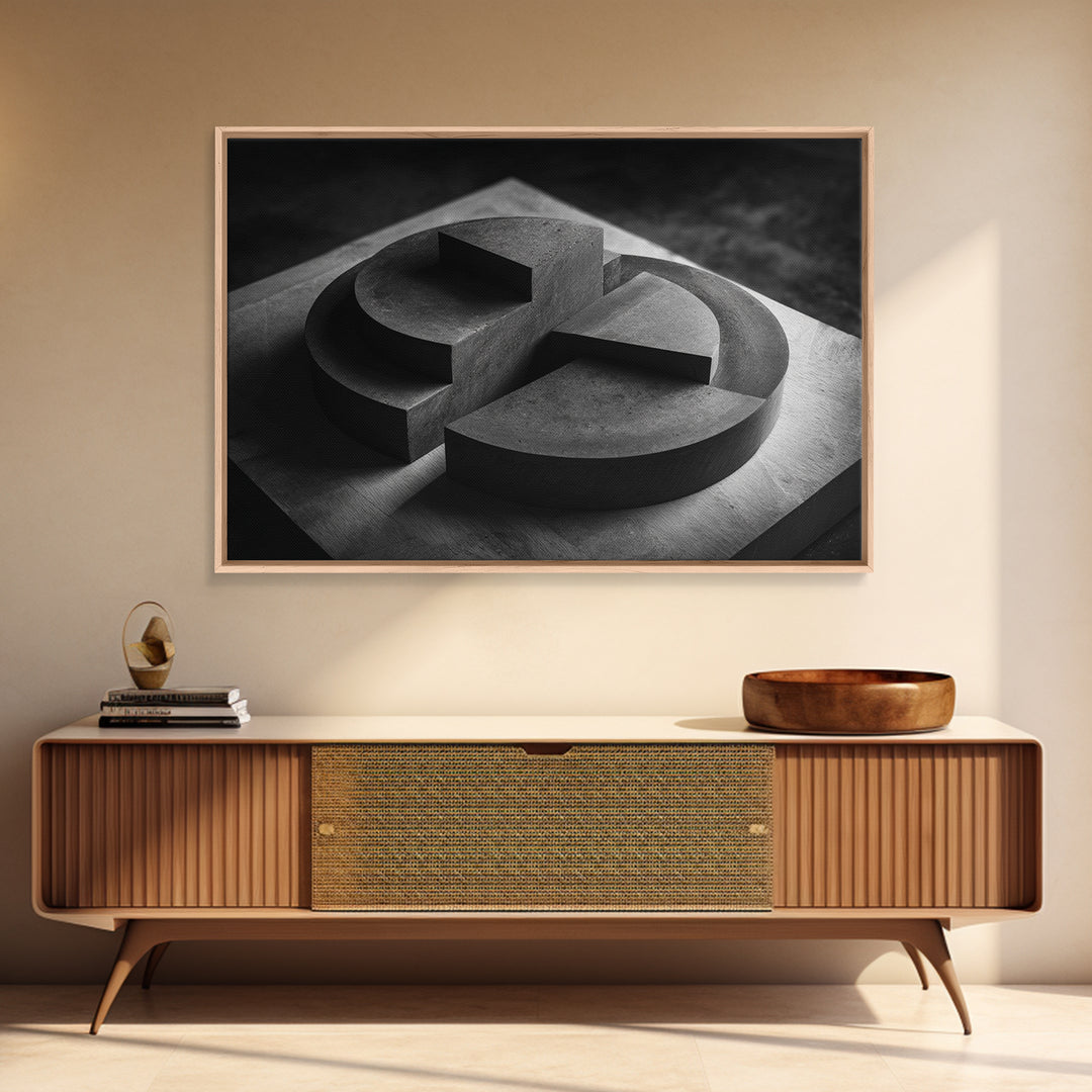 Black And White Concrete Circle Sculpture Canvas Print, Modern Abstract Art, Minimalist Wall Art, Masculine Office Wall Decor
