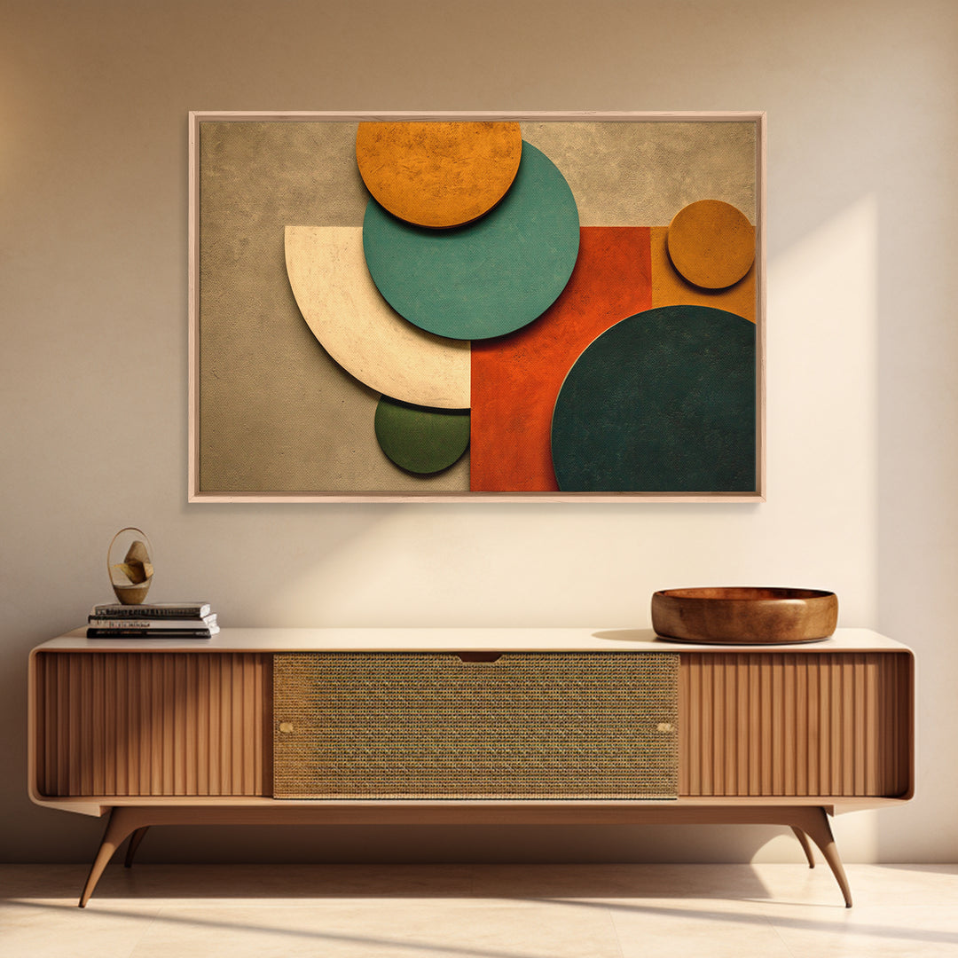 Earth Tone Circles And Rectangles Canvas Print, Midcentury Modern Abstract Art, Geometric Wall Art, Warm Boho Home Decor