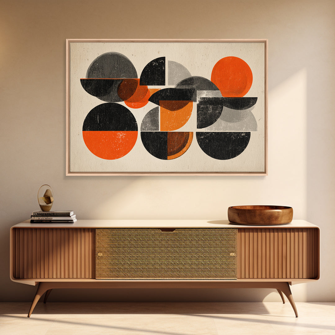 Orange Black Gray Circle Collage Wall Art, Midcentury Modern Art Print, Retro Geometric Poster, Bold MCM Living Room Wall Decor